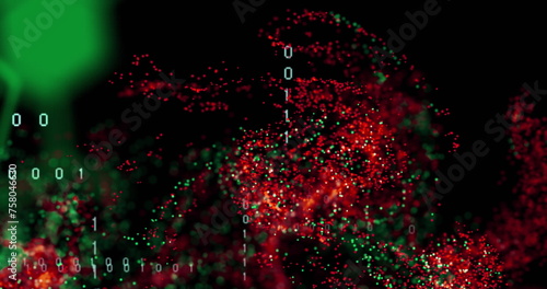 Image of red and green digital wave floating over binary coding against black background