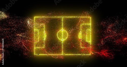 Image of red digital wave over neon yellow soccer field layout against black background photo