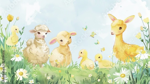 Charming Springtime Animals and Blooms Illustration Watercolor illustration capturing the essence of spring with adorable lambs, ducklings, and a young deer amongst blooming flowers and fluttering bu 
