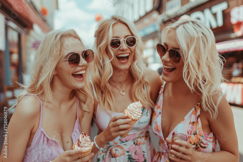 Three beautiful young women with blonde hair, wearing stylish dresses and sunglasses laughing while holding ice cream cones in their hands on the street in summer