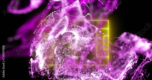 Image of purple igital wave over neon yellow soccer field layout against black background