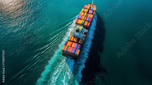 Aerial top view container cargo ship in import export business commercial trade logistic and transportation of international by container cargo ship in the open sea, Container cargo freight shipping. © Nataliya
