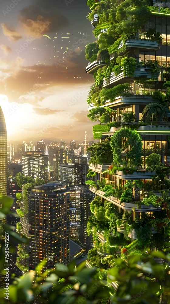 Obraz premium Sustainable Futuristic Cityscape: A Vision of Interconnectedness and Environmental Protection in Architectural Design