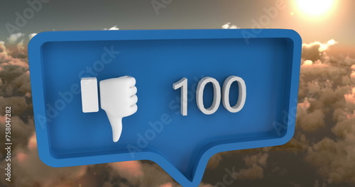Digital image of follow, like and heart icons increasing in numbers with a sky background 4k