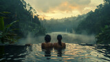 Young gay couple or friends on a vacation swimming in the sea or lake outdoors in sunset with beautiful exotic view
