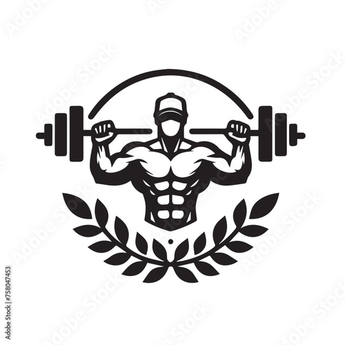 black and white logo with bodybuilder for gym and fitness club