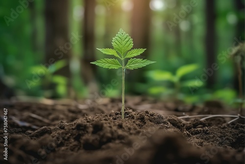 Newborn tree growing in the soil in the middle of the forest, inspiring growth in nature's embrace. earth tones, environmental awareness, renewable energy or green technology concept.