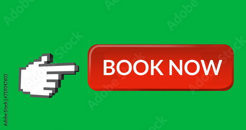 Digital image of red book now button with hand icon pointing towards it against green background
