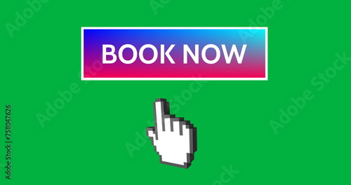 Digital image of colorful book now button with hand icon pointing towards it on green screen 4k