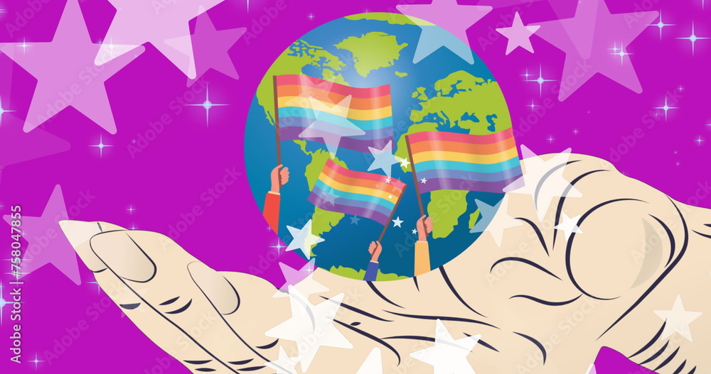 Obraz premium Image of stars over rainbow flags and globe with hand on purple background
