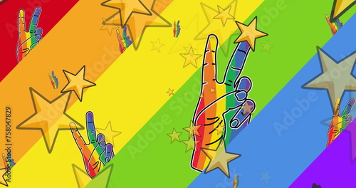 Image of stars over rainbow hands with rainbow background