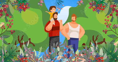 Image of gay couple with child over leaves and trees