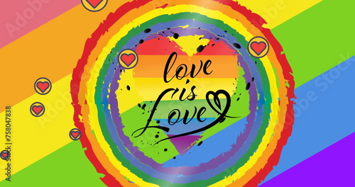 Image of love is love text and hearts with rainbow background