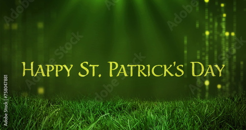 Image of grass over happy st patricks day text on green background
