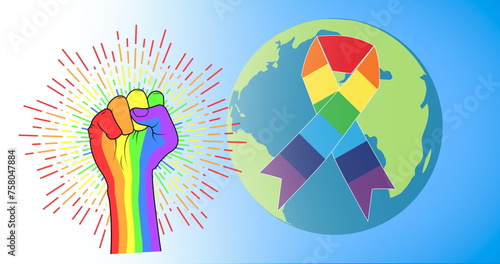 Image of rainbow fist with rainbow ribbon and globe on blue background