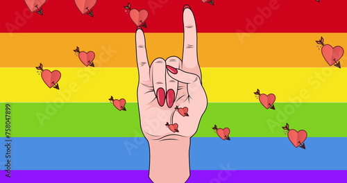 Image of hearts over hand icon on rainbow background