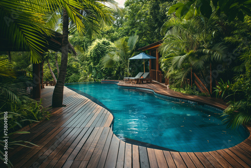 Swimming pool in the tropical forest. Luxury villa.