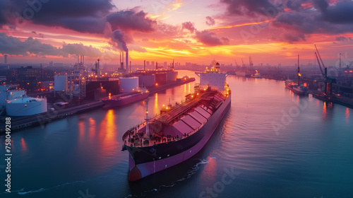 A large cargo ship, barges against the background of a beautiful sunset in the harbour