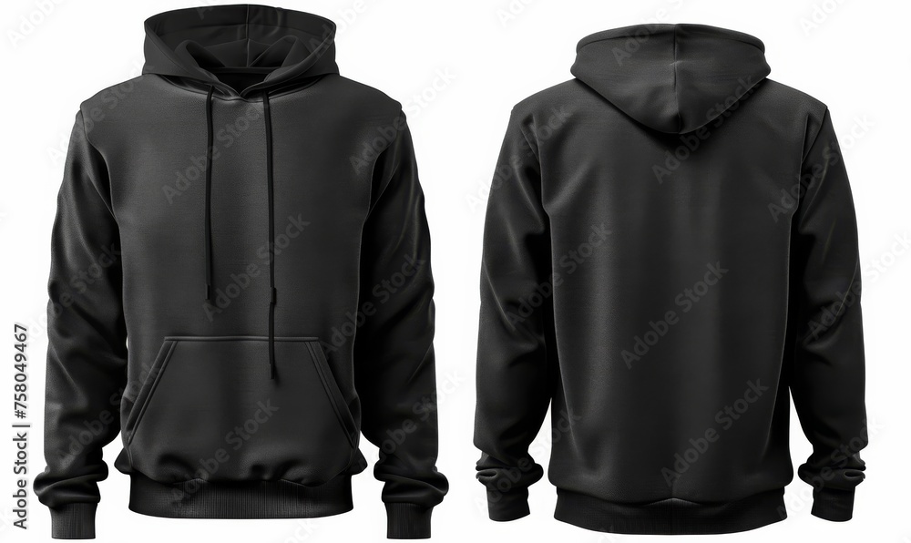 Blank black male hoodie, template for your design mockup. Front and back view. - obrazy, fototapety, plakaty 