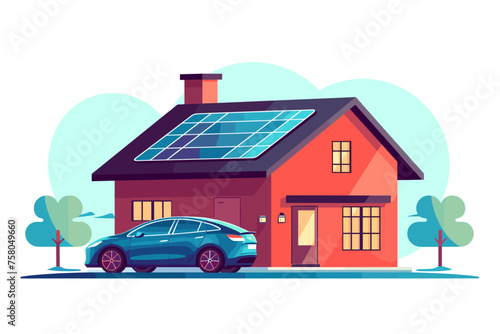 Modern electric smart suv car charging parking at the charger station with a plug in cable. Isolated flat vector illustration concept on white background. Electrified future transportation e-motion.