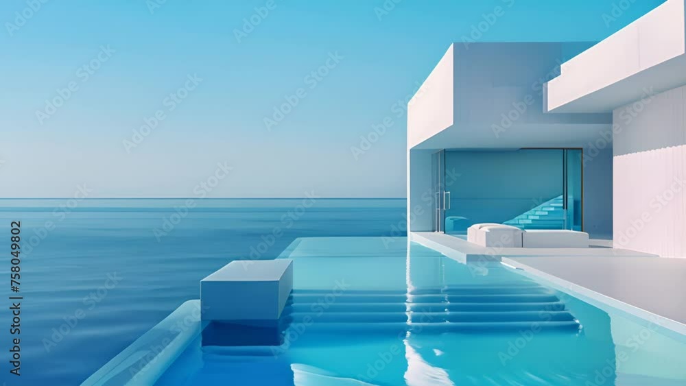 Minimalistic large swimming pool located right next to the ocean, offering a unique experience of swimming with breathtaking ocean views Minimalistic large swimming pool located right next to the ocean, offering a unique experience of swimming with breathtaking ocean views
