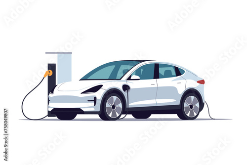 Modern electric smart suv car charging parking at the charger station with a plug in cable. Isolated flat vector illustration concept on white background. Electrified future transportation e-motion.
