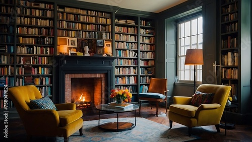 Cozy living room with fireplace, armchairs and bookshelves