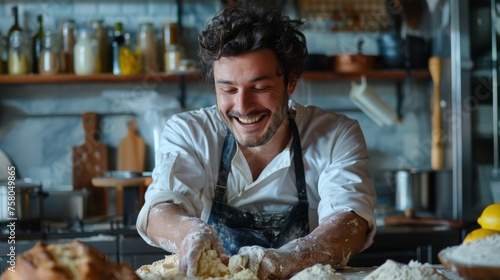 Happy artisan cheesemaker kneading cheese dough in a cozy kitchen setting
