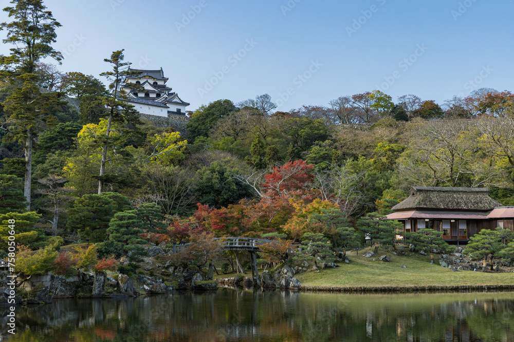 日本　滋賀県彦根市の大名庭園、玄宮園の龍臥橋と魚躍沼と彦根城の天守閣