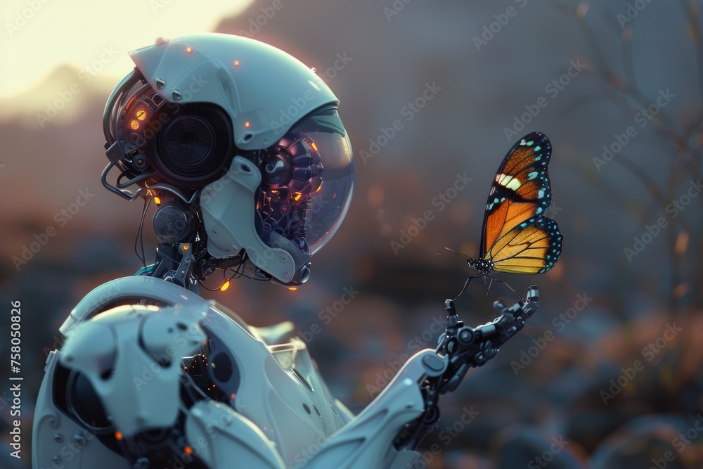 Fototapeta premium High-tech robot with a spherical head observes a butterfly on its outstretched hand, against a twilight backdrop