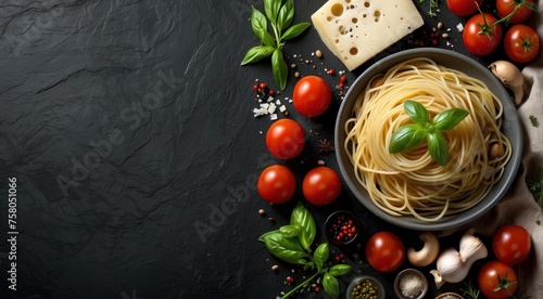 A vegetarian pasta dish with fresh vegetables, cherry tomatoes, and a light tomato sauce made with garlic and basil