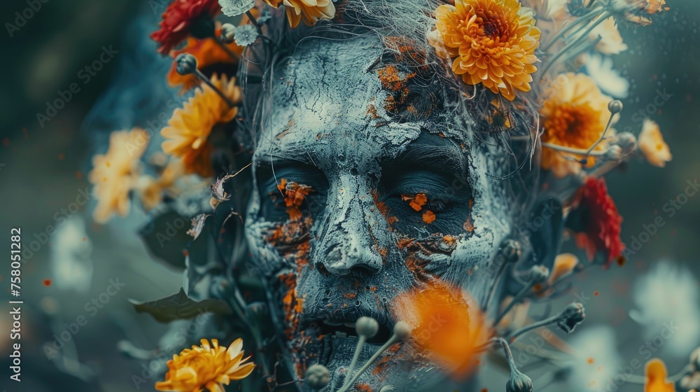 A zombie with wilted flowers in its hair on a hot day