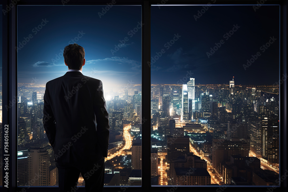Rear view of confident young businessman deep in thought while looking through windows at the city from high up in an office building Rear view of confident young businessman deep in thought while looking through windows at the city from high up in an office building