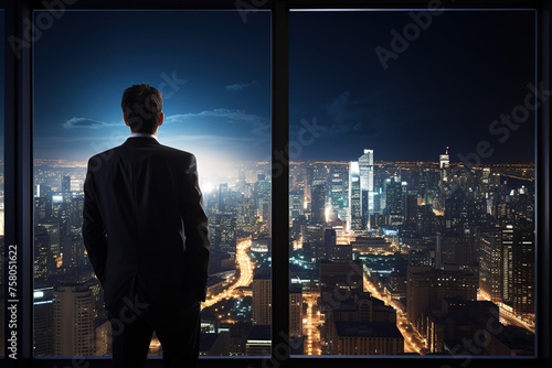 Rear view of confident young businessman deep in thought while looking through windows at the city from high up in an office building