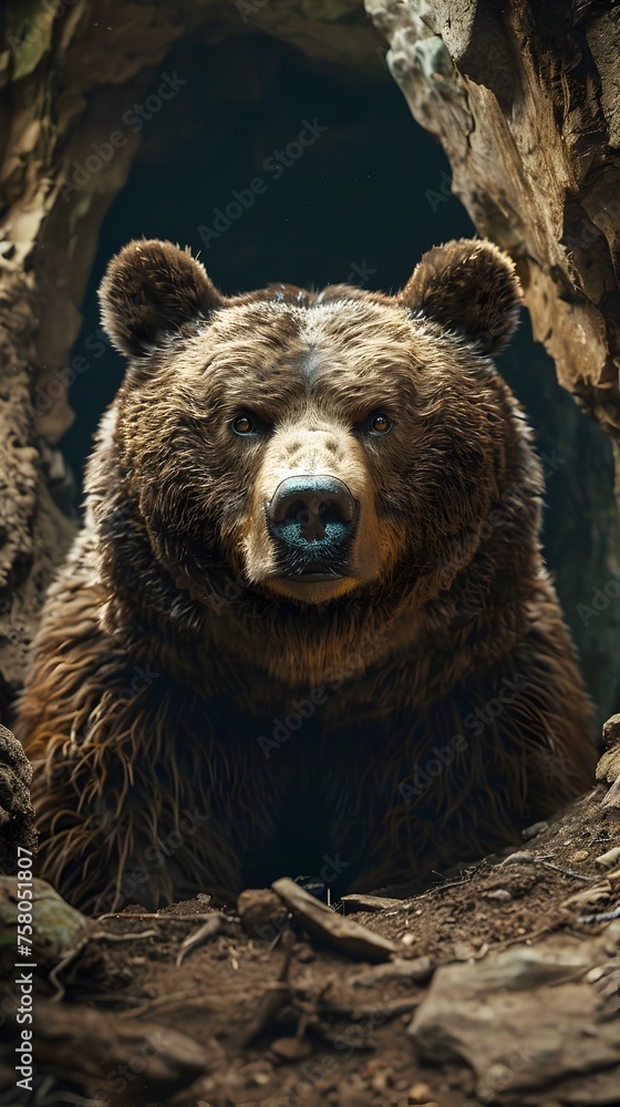 A bear is standing in a cave with its head up. The bear is looking at the camera and he is curious A bear is standing in a cave with its head up. The bear is looking at the camera and he is curious