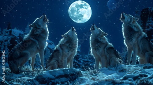 A group of dogs are standing around a large moon, howling at it