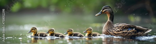 A mother duck is leading her ducklings through the water photo