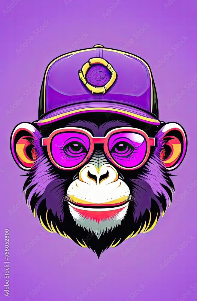 Illustration cute ape in hip-hop style with sunglasses and cap in purple tones.Concept for t- shirt print and design, sticker, backpacks and bags print, notebook covers design.
