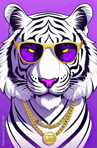White tiger with sunglasses in purple tones flat illustration.Concept for t- shirt print and design  sticker  backpacks and bags print  notebook covers design.