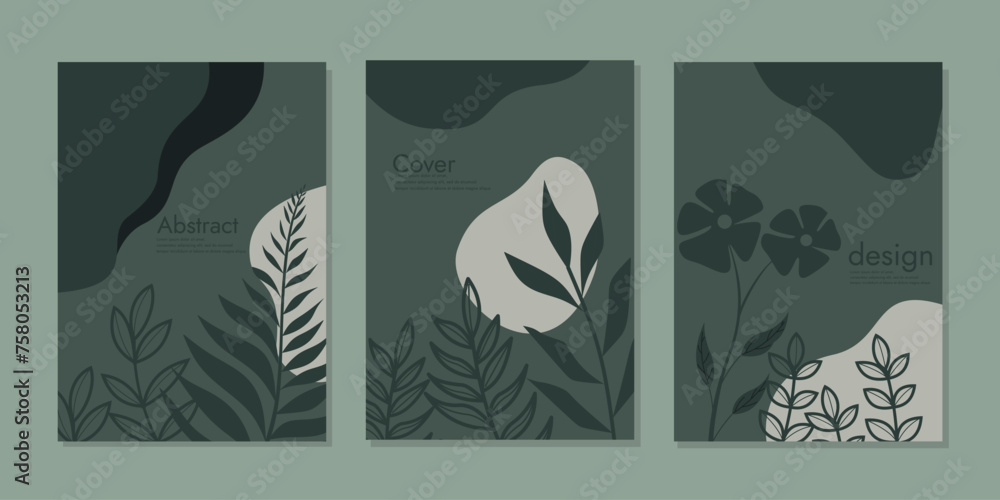 Botanical cover vector set. Hand drawn floral template line art background for notebooks, planners, brochures, books, catalogs, wall art.