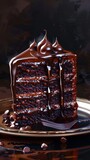A slice of chocolate cake on a white plate with a chocolate drizzle and chocolate shavings.