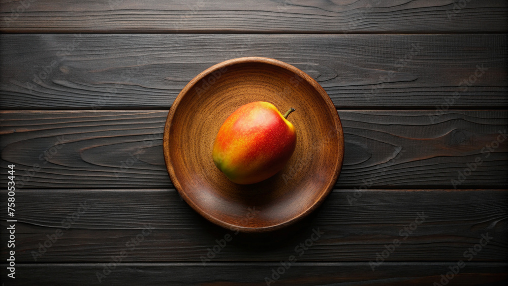 Whole Mango on Wood Plate and beautiful Wooden Table. Mango top view. Whole Mango on Wood Plate and beautiful Wooden Table. Mango top view.