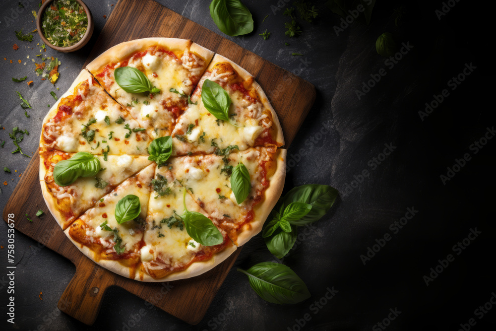Italian pizza Margherita with cheese, tomato sauce and basil on table top view with copy space for yor text.