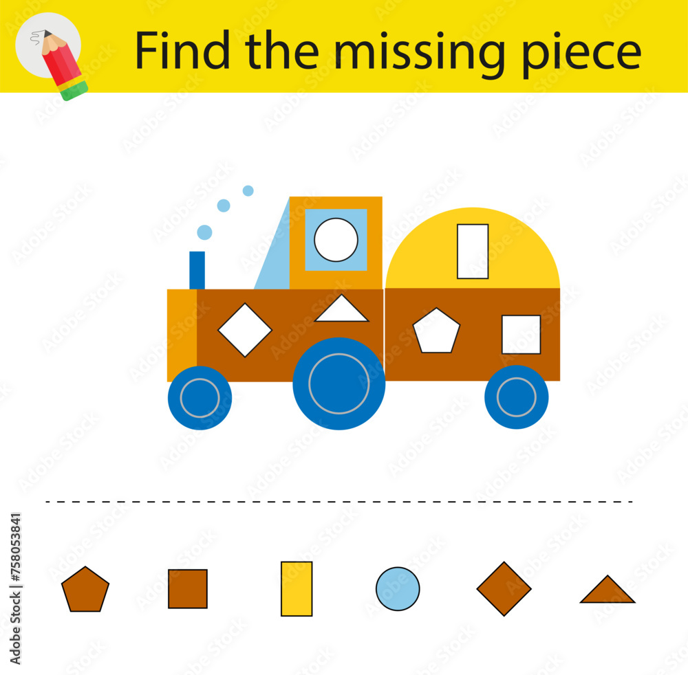 Logic puzzle for kids. Need to find the missing piece. Children activity page. Cartoon truck. Logic puzzle for kids. Need to find the missing piece. Children activity page. Cartoon truck.
