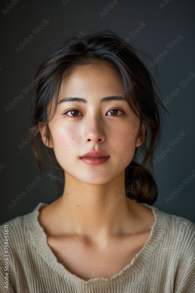 Portrait of a Young Woman with Natural Beauty and Soft Smile in Casual Attire Against Dark Background Portrait of a Young Woman with Natural Beauty and Soft Smile in Casual Attire Against Dark Background