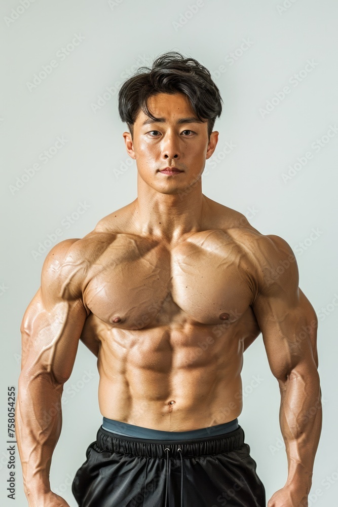 Fototapeta premium Muscular Asian bodybuilder posing with confidence showing off ripped physique and well-defined muscles in a studio setting