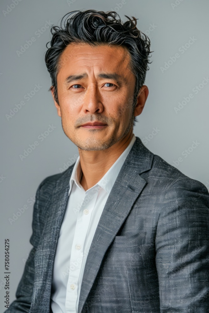 Confident Mature Businessman in Grey Suit with White Shirt Posing on a Solid Background Confident Mature Businessman in Grey Suit with White Shirt Posing on a Solid Background