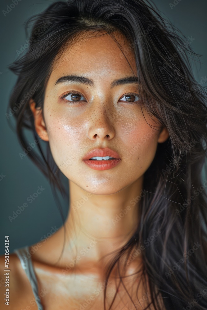 Portrait of a Young Asian Woman with Natural Makeup and Expressive Eyes in Soft Indoor Lighting Portrait of a Young Asian Woman with Natural Makeup and Expressive Eyes in Soft Indoor Lighting