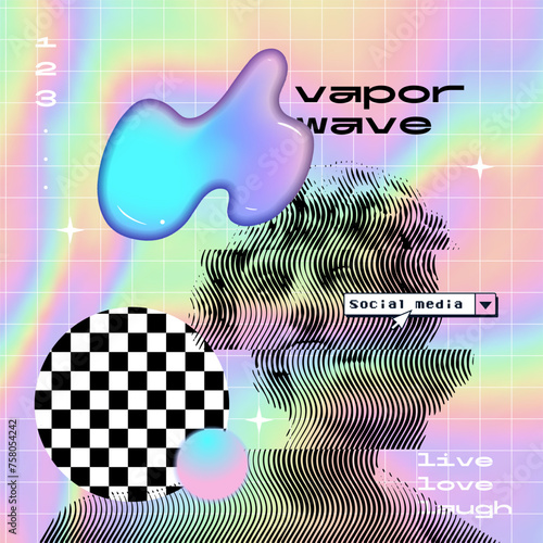 3D wavy halftone collage of ancient greek statue head in vaporwave 80s style. Concept of Academic art and classical fine arts in modern contemporary stylization. Vector illustration.