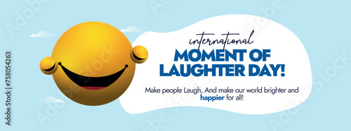 International moment of laughter day.14th April International moment of laughter day celebration cover banner with yellow emoji having big smile with no eyes. Laugh away all your worries awareness. photo